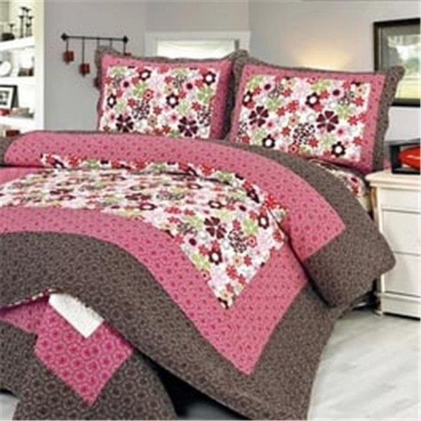 Furnorama Eranthe - 100 Percent Cotton  3 Pieces Floral Vermicelli-Quilted Patchwork Quilt Set  Full & Queen Size - Pink FU658554